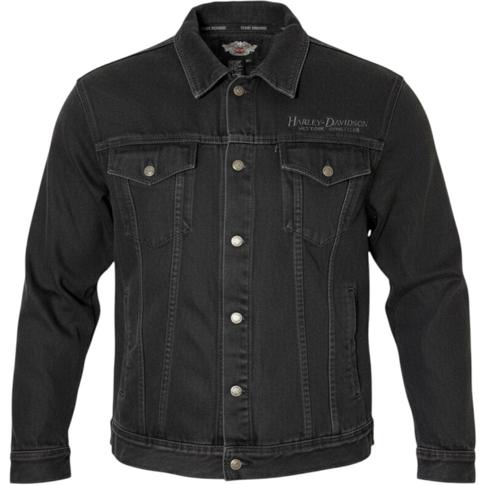 Harley Davidson Mens 3XL Black Denim Trucker Jacket Embroidered Logo Biker